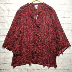 Catherines Shirt Womens 3X 26/28W Red Black Paisley Sheer Glitter‎ Tunic Boho
